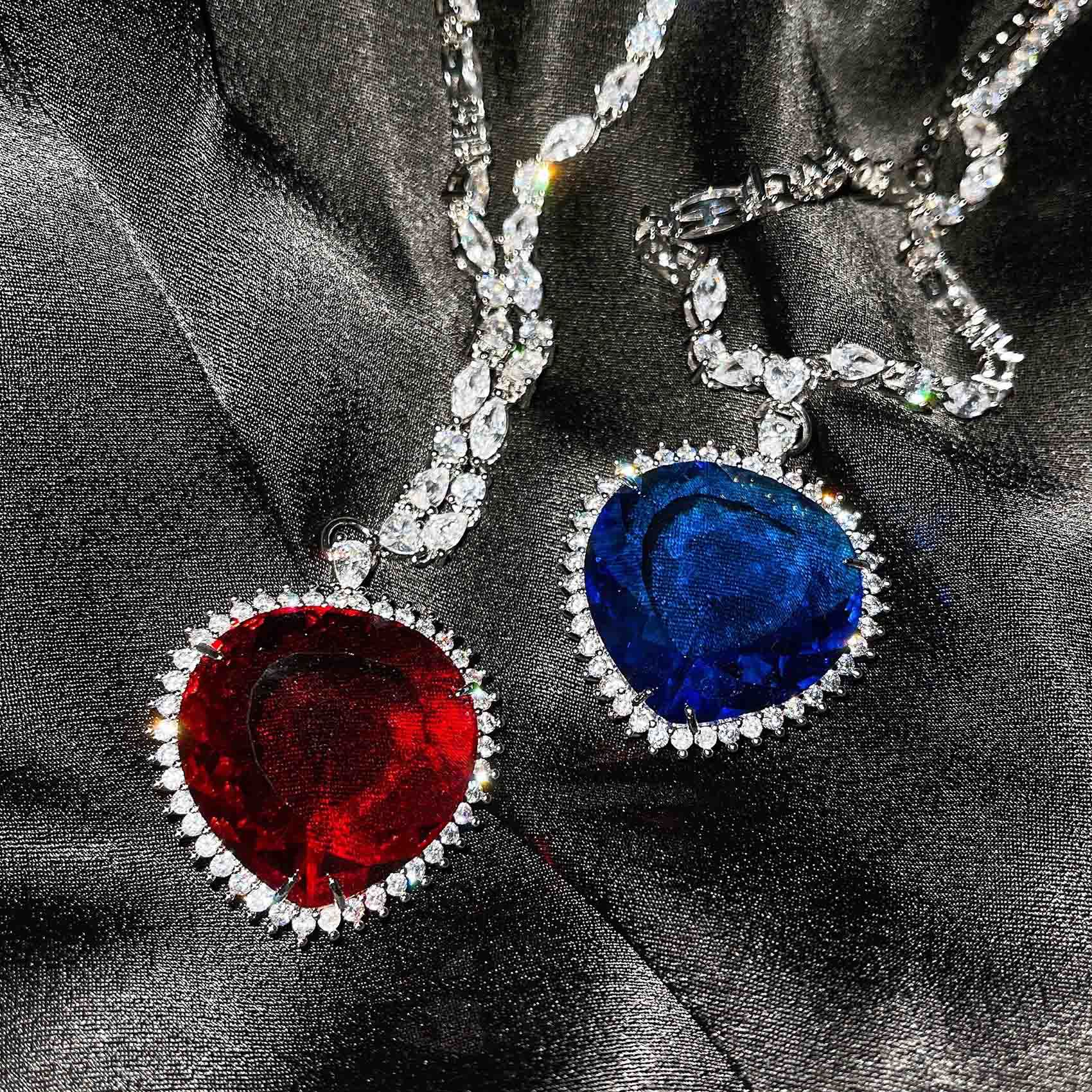 Lucky Star Jewelry Women's Blue/Red Titanic Heart Of The Ocean Necklaces For Romantic Crystal Chain Pendant Necklaces Valentine's Day Zircon Gift