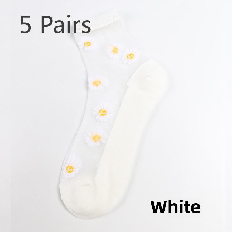 5 Pairs Small Daisy Socks Women's Summer Thin Midtube Invisible Glass Silk Crystal Stockings