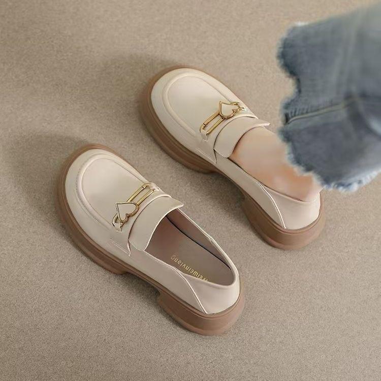 British-Style Black & Off-White Leather Platform Loafers with Buckle