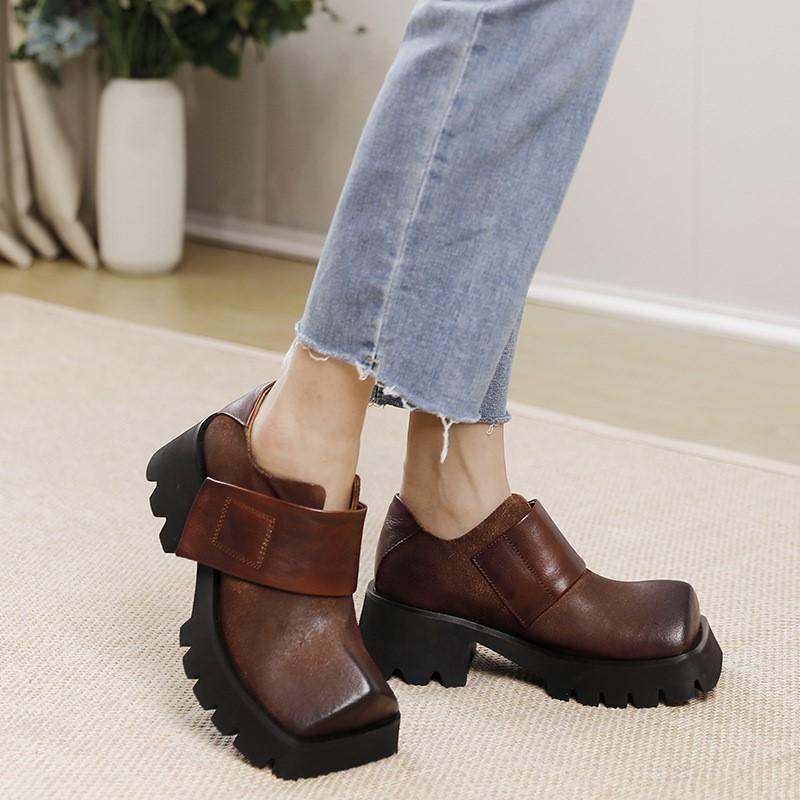 Johnature Retro Square Toe Women Platform Shoes Genuine Leather Thick Soled Solid Color Versatile Shoes