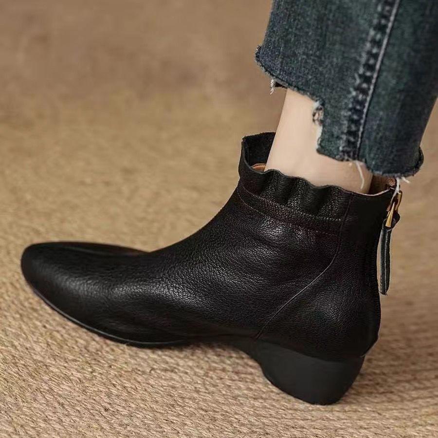 Leather early autumn short boots new fashionable rear zipper soft sole medium heel bare boots wedge heel