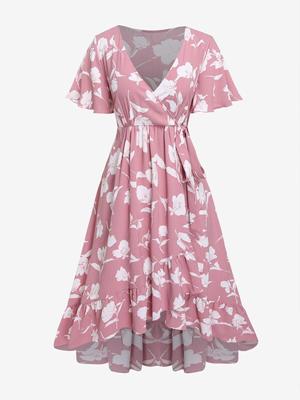 Robe à col en V et imprimé floral 3D Rosegal grande taille