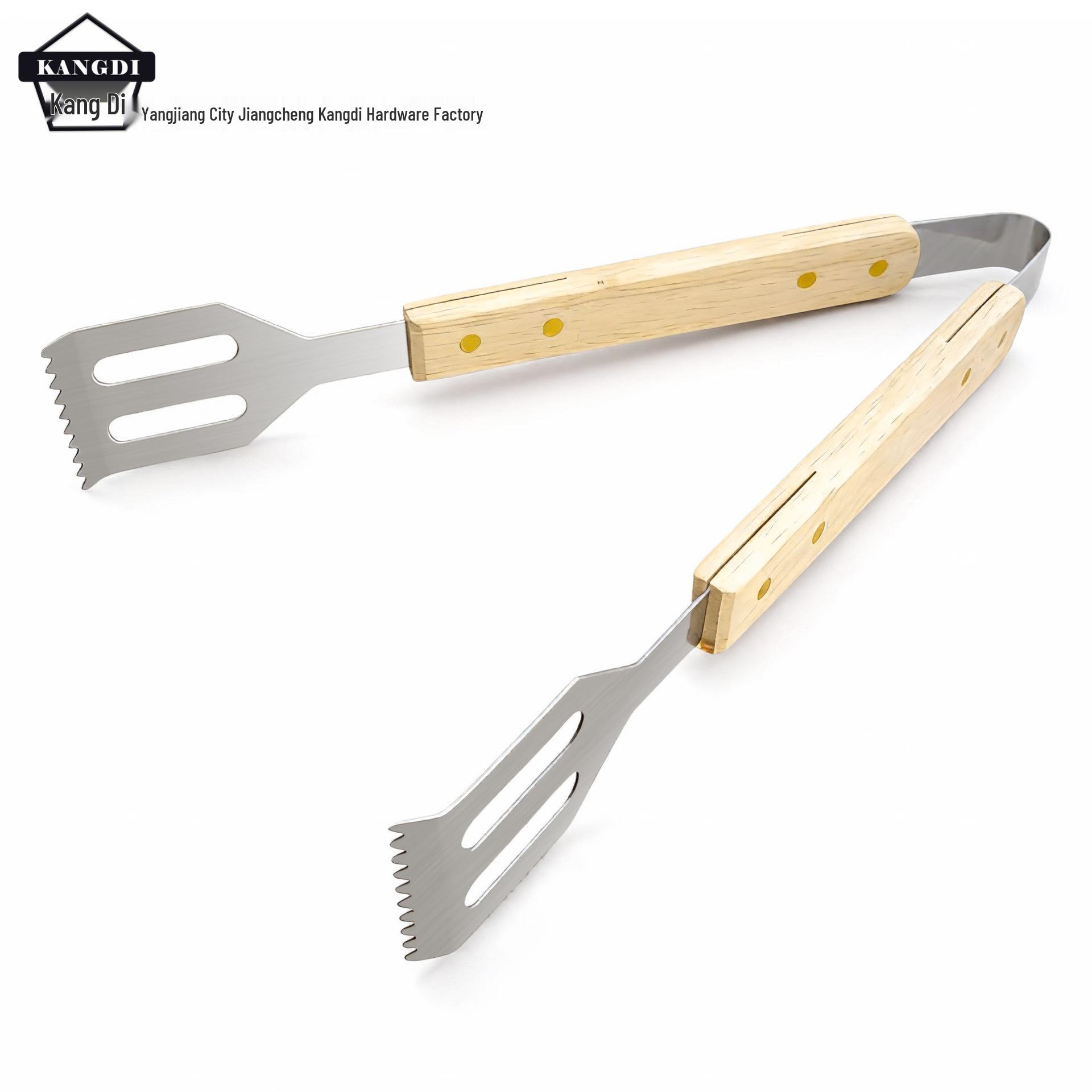 Stainless Steel BBQ Tongs with Oak Handle - Anti-Scald & Anti-Slip Camping Tool