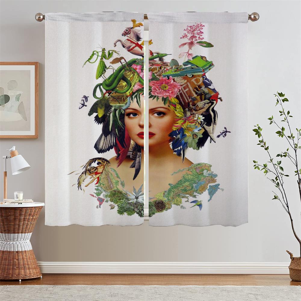 Modern Home Decoration Woman Portrait Short Window Curtains for Doors Children's Room Curtains for Living Room 2 Elegant Pieces