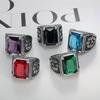 Vintage Big Green/Black/Red/Blue Color Stone Rings for Men Stainless Steel Fashion Punk Handmade Carved Tulip Ring Party Jewelry