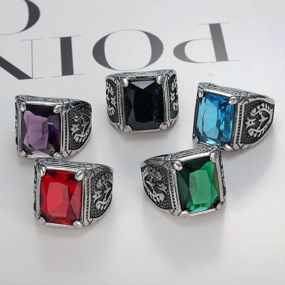 Vintage Big Green/Black/Red/Blue Color Stone Rings for Men Stainless Steel Fashion Punk Handmade Carved Tulip Ring Party Jewelry