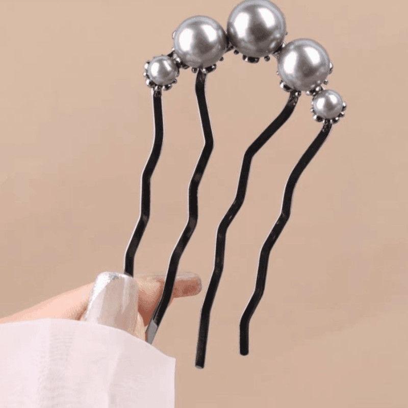 Elegant Pearl Four-tooth Hairpin Chinese Style Zinc Alloy Simple Retro Pearl Hair Stick Women Ancient Style Daily Hair Accessories