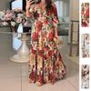 Spring New Women's Clothing, European and American Dresses, Fashionable and Elegant Printed Five-quarter-sleeved V-neck Long Dress