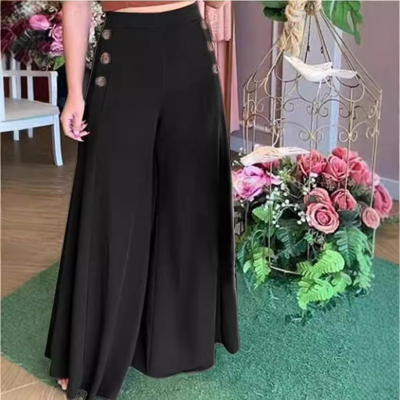 Women s Fashion Spring Summer Trousers Women s Button Elastic High Waist Summer Wide-leg Pants XS
