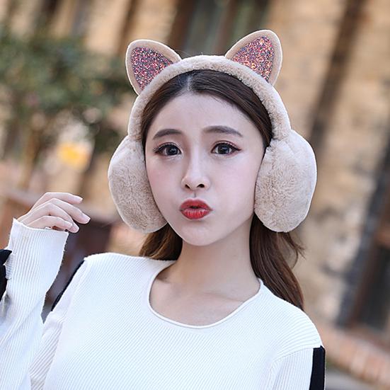 Women Lovely Winter Cats Ear Warmer Shiny Glitter Earmuff Cold Protection Warmer