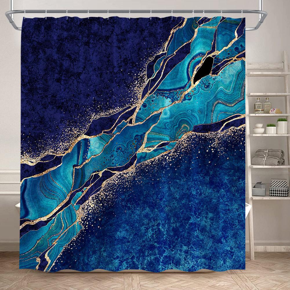 Abstrakcyjne Marmurowe Zasłony Prysznicowe Czarne Zielone Teksturowane Złote Spękanie Nowoczesny Geometryczny Wzór Zestaw Dekoracji Zasłony Łazienkowej z Haczykami