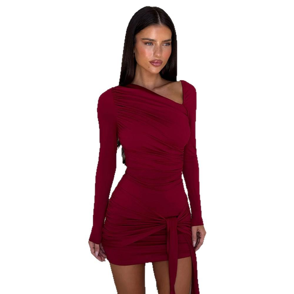 European and American women's clothing design sense diagonal collar tight streamer long-sleeved short skirt sexy hot girl fashion versatile dress