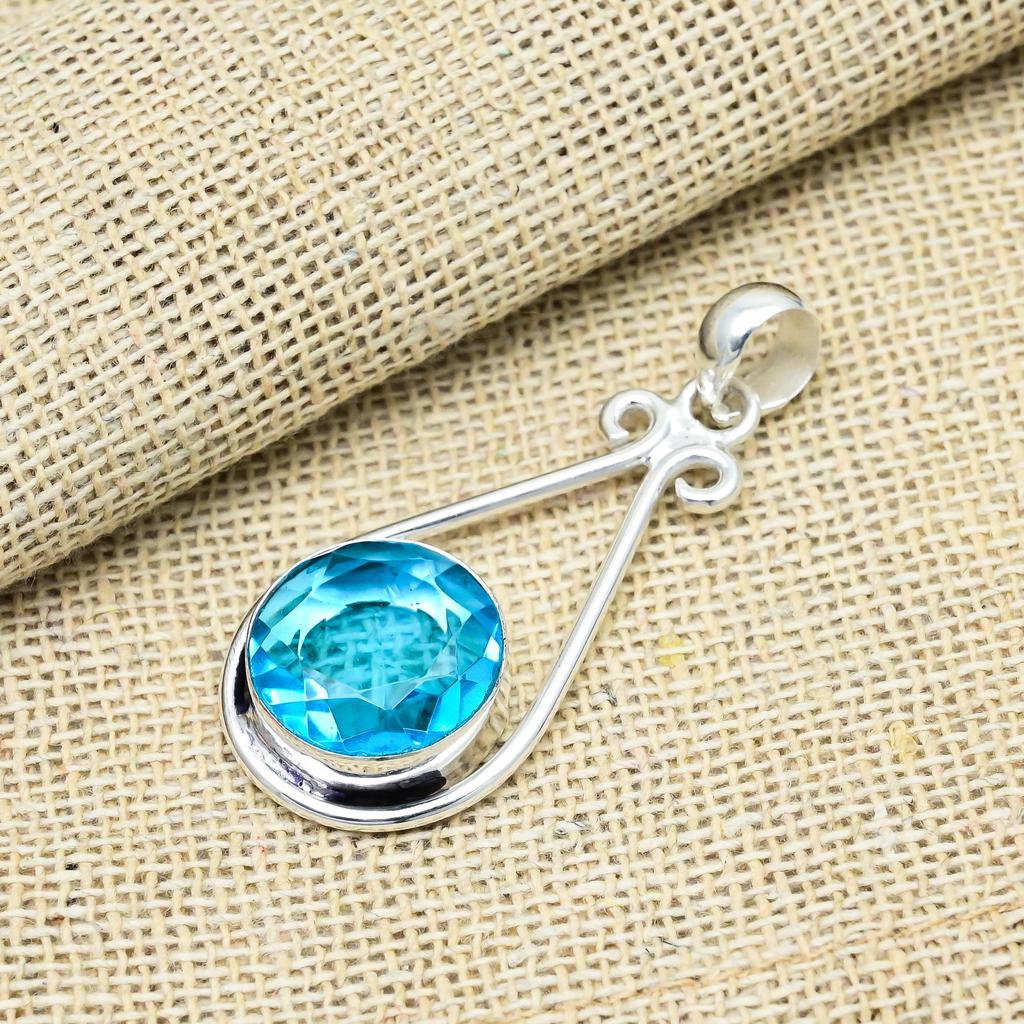Blue Topaz Gemstone Handmade 925 Sterling Silver Jewelry Pendant For Engagement Gift