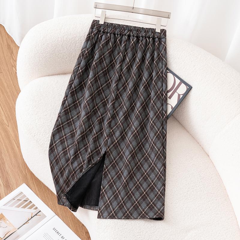 Women's Flocked Plaid Skirt 2026: Winter Elastic High Waist A-line Hip-Covering Skirt
