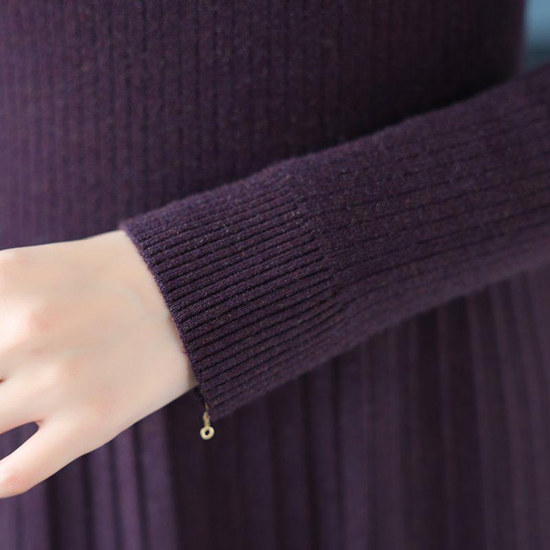 Plus Size Semi-High Collar Wool Sweater Dress - Warm, Thick, Tummy Covering, Slimming Winter Knit