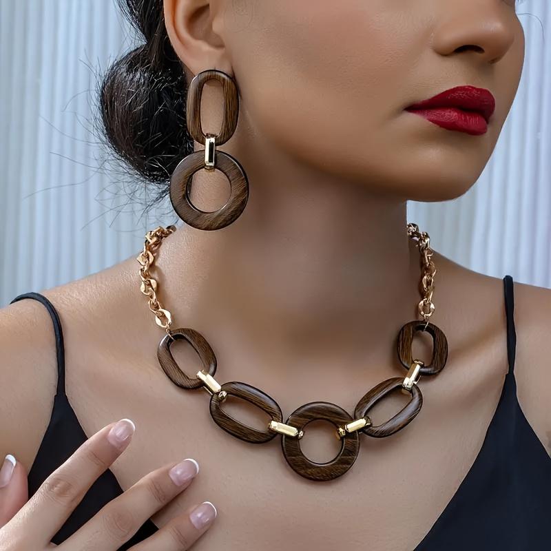 

Комплект украшений из дерева с геометрическим узором, стиль бохо, ретро-дизайн в стиле вестерн, эффектные серьги и ожерелье большого размера, модный аксессуар для женщин коричневый