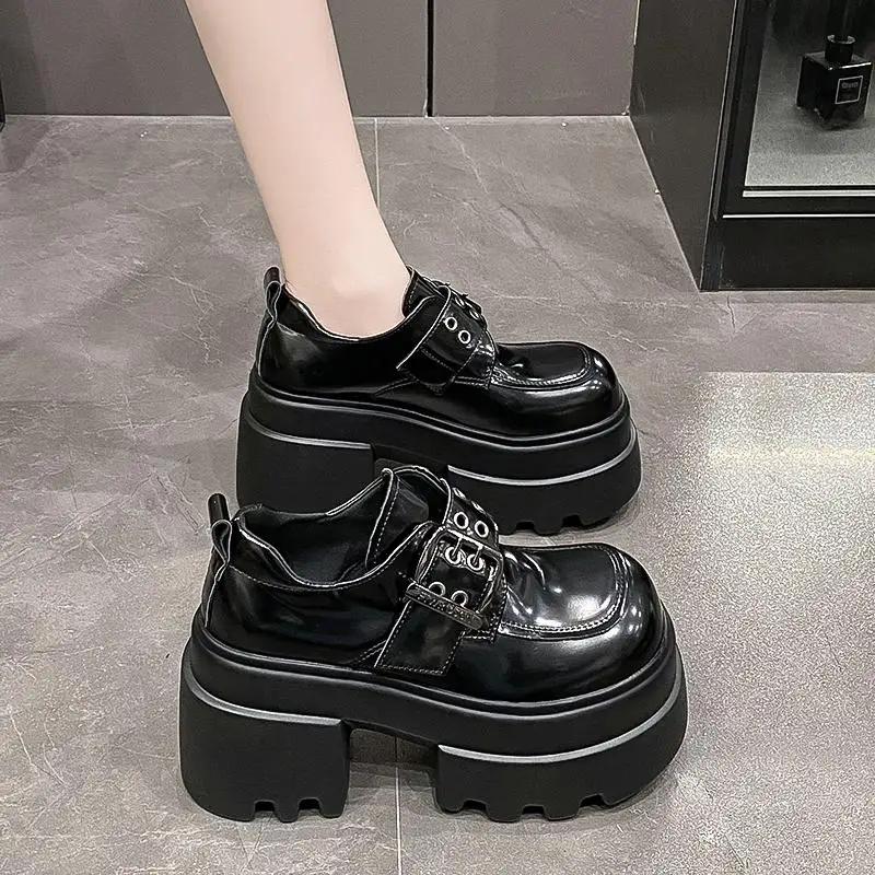 Fashion Women's High Platform Leather Shoes New Spring 10CM Heels Chunky Sneakers Female Lace-up Loafers Walking Shoes Woman