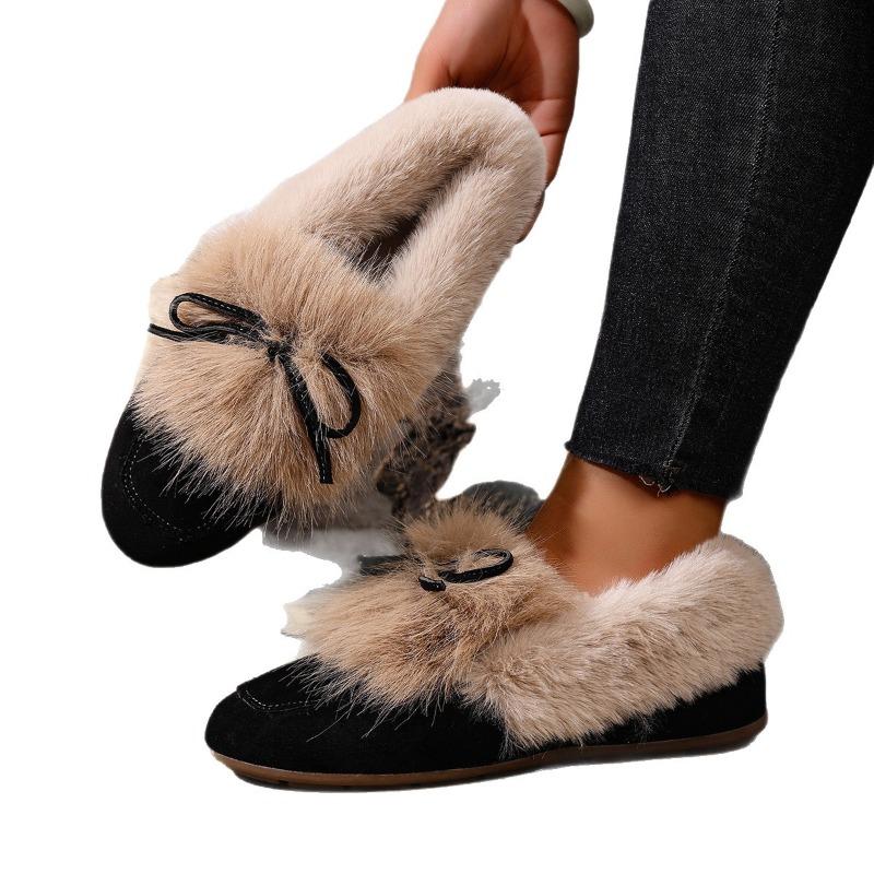 Dámské zimní boty v korejském stylu, vintage, chlupaté - kulatá špička, mašlička, nazouvací, vícebarevné, s fleecovou podšívkou