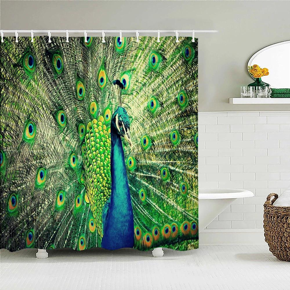 3D Flowers and Birds Peacocks Shower Curtain Waterproof Bathroom Curtains Polyester Home Decor Bathtub Curtain Screen with Hooks
