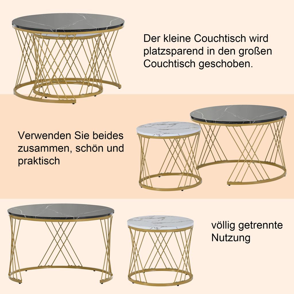 WF300416BAA) Moderner Kaffee-Beistelltisch, Kaffee-Tisch-Set Marmorfurnier Sofaseiten-Tischset Runde Beistelltische, Set mit 2 Stück, Goldfarbener Rahmen