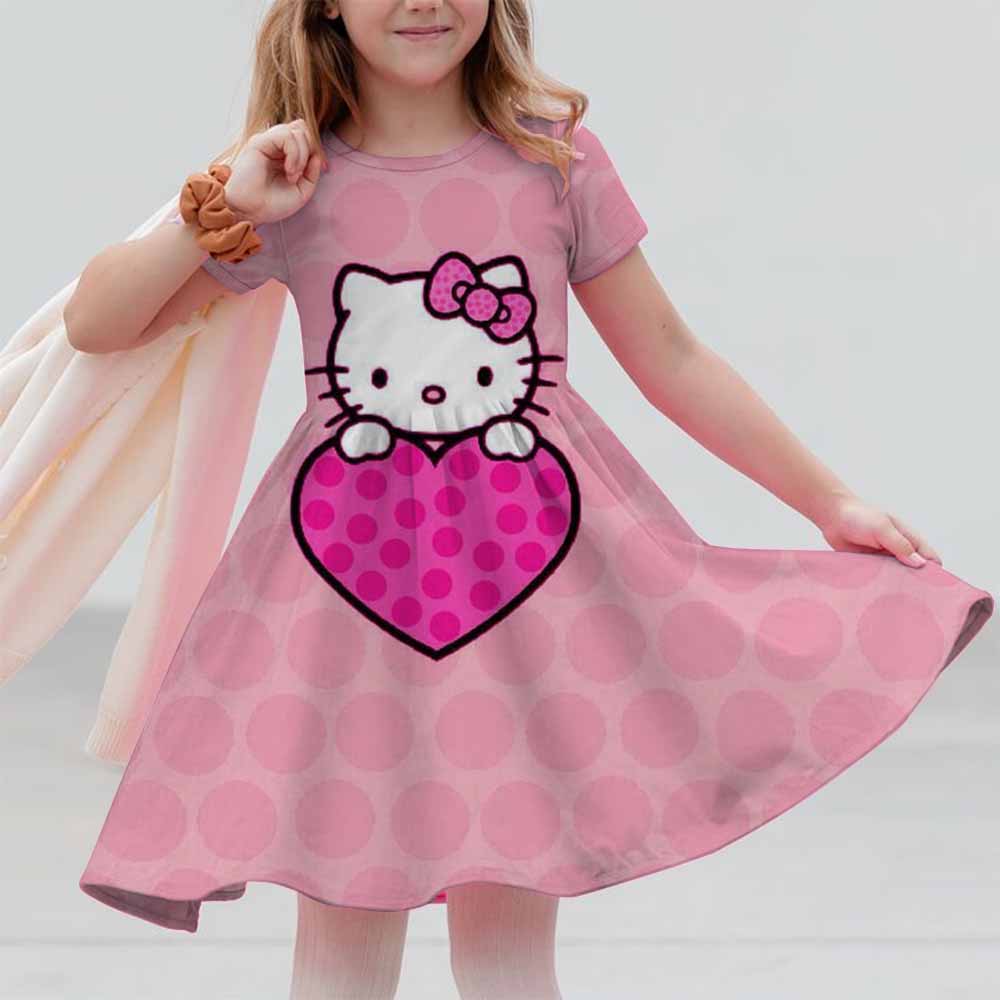 Sanrio New Summer 3-14 Year Old Girl Kuromi Hello Kitty Printed Short Sleeved Dress Loose And Comfortable Party Home Dress