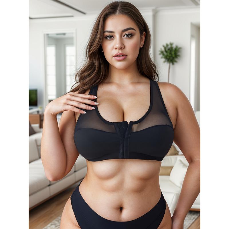 Plus Size Elegant Bra, Women's Contrast Lace Front Closure Scalloped Trim Bralette