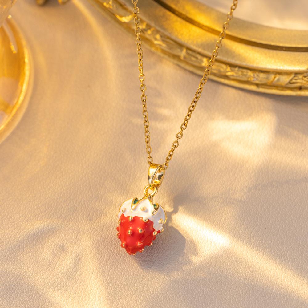 Women Girls Sweet Cute Strawberry Series Pendant Necklace Stainless Steel Chain Lovely Strawberry Fruit Jewelry Accessories Gift