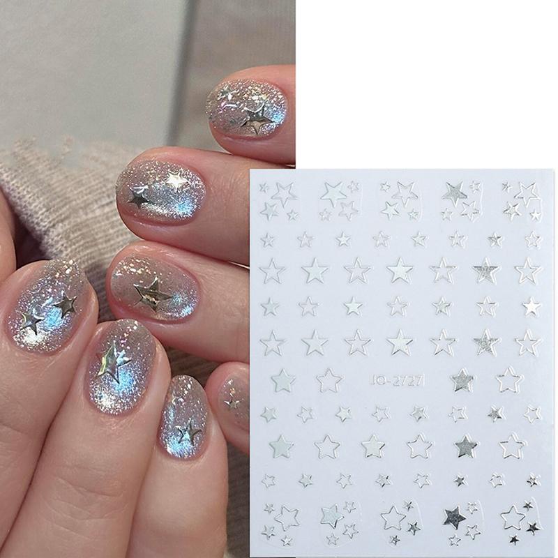 1 Sheet 3D Gold/ Silver Star Bronzing Nail Art Sticker Laser Star Styles Nail Decal Gold Silver Self-Adhesive Slider