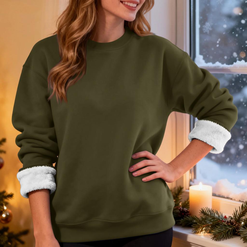 Dame Casual Mote Rundhals Genser Vinter Ensfarget Plysj Genser