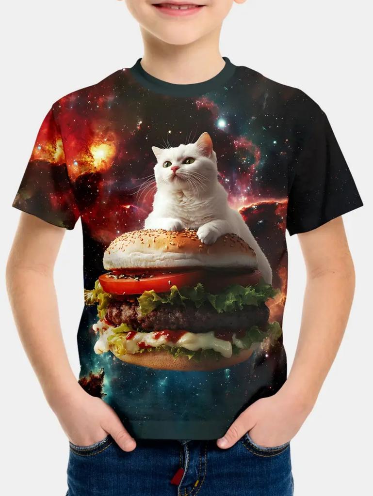 Boy's T-Shirt Cute Cat Taco Pizza Pattern 2025 Summer Short Sleeve Tops Colorful 3D Print Boys Clothes Loose Children's Clothing