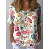 Summer V-neck 3D Flower Printed Top Fashionable Casual Short Sleeved Women's T-shirts