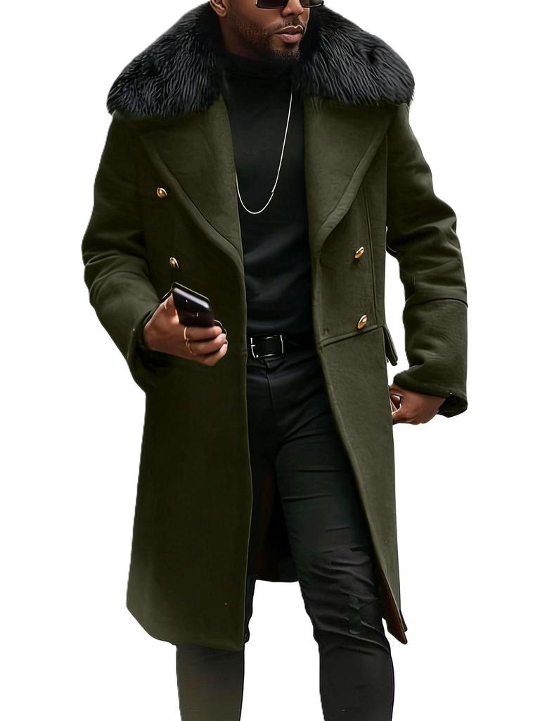 Men's Plus Size Double-Breasted Fur Collar Wool Coat