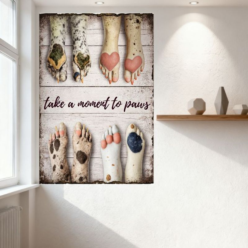 Take a Moment To Paws Whimsical Animal Paws Wooden Planked Background Metal Tin Sign for Home Office Wall Decor, Stylized Anthro