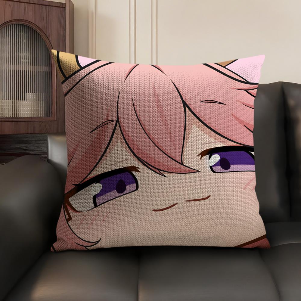 Yae Miko Cute Genshin Impact Cushion Cover Natural Linen Organic Fabric DoubleSided Printing Sofa Home Decor Gift Pillow Case