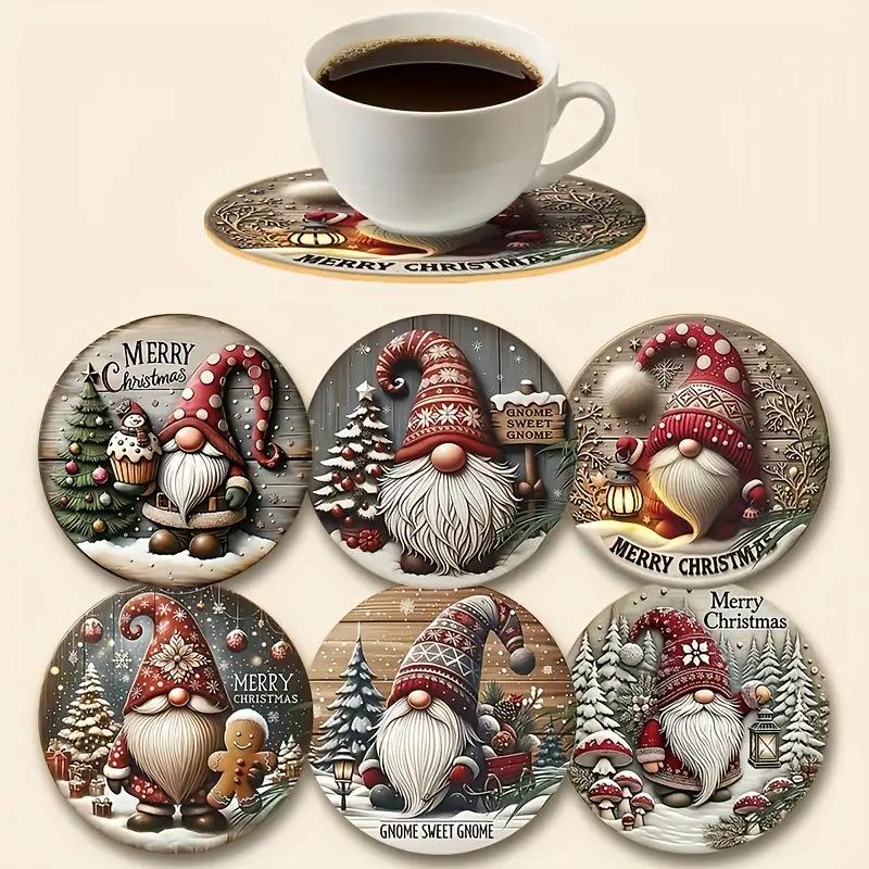 

Christmas Gnome Coaster Set - 6PCS Heat-Resistant Wooden Holiday Decor with Festive Dwarf Designs, Perfect Seasonal Gift 10cm