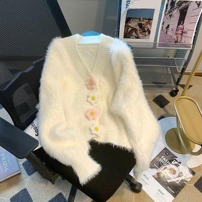Mink Velvet Knitted Sweater Women Autumn and Winter 2023 V Neck Gentle and Three-dimensional Flower Sweater Cardigan Female Top