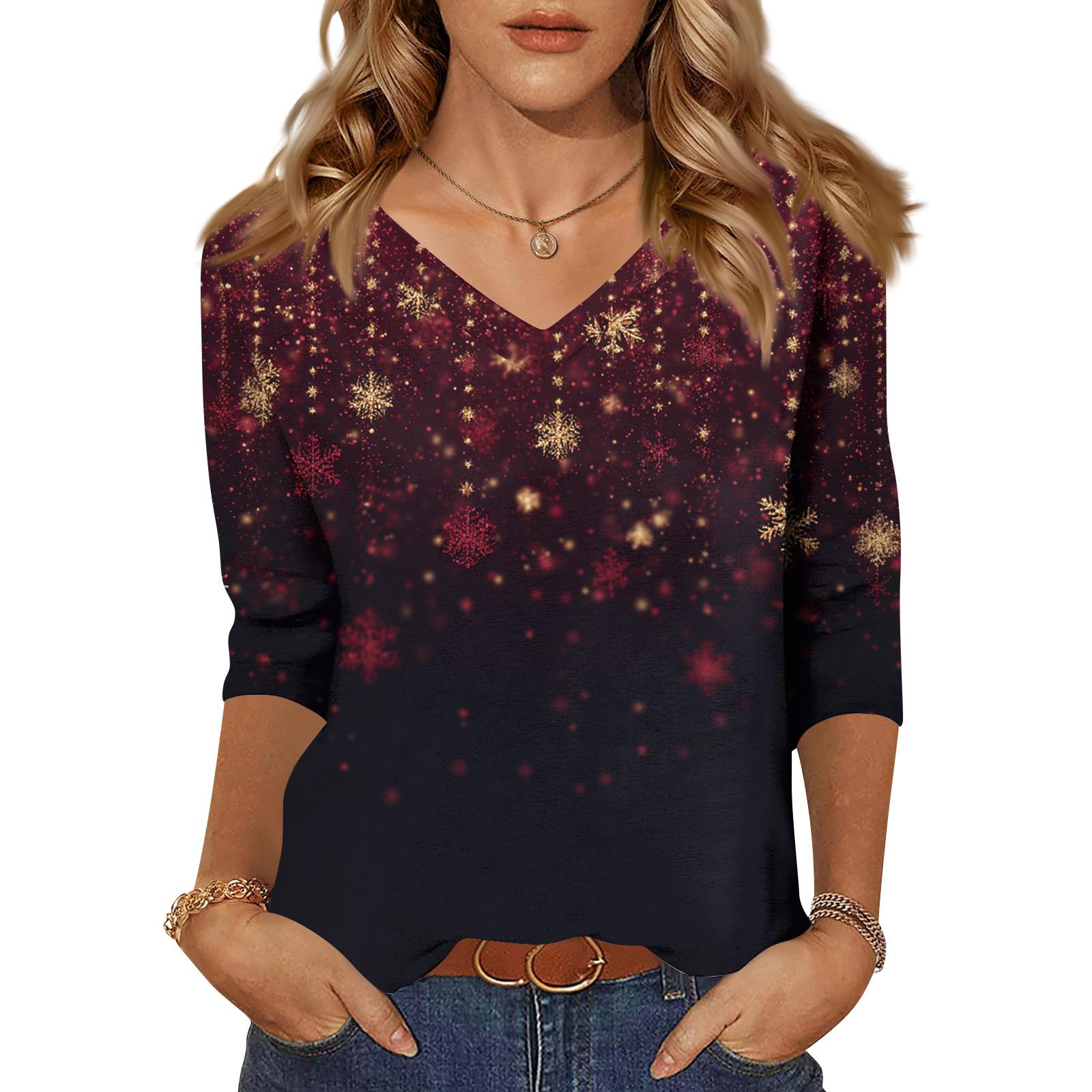 

Женские топы Рубашка с рукавом три четверти V-образный вырез Свободная повседневная рубашка Футболка с принтом XL винный
