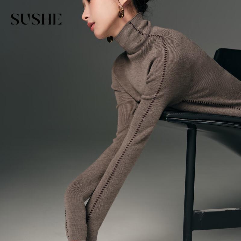 SUSHE Pure Wool Color-block Embroidered Turtleneck Knit S