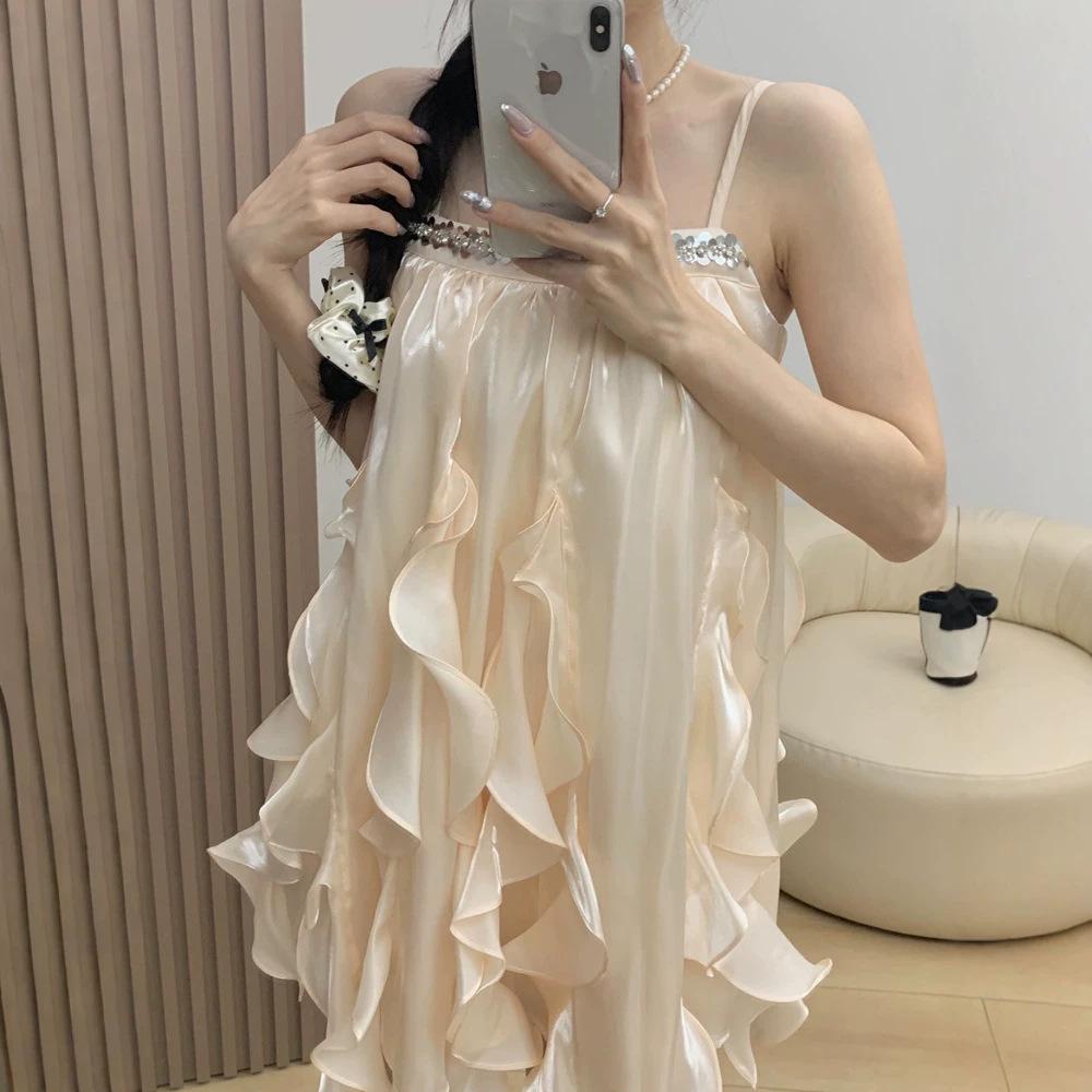 French Gentle Elegance Socialite Ruffled Spaghetti Strap Dress, Beautiful, Loose, Slimming, A-line Short Skirt New Arrival