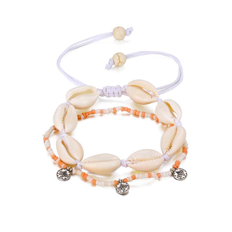 2 Pcs/set Simple Colorful Beads Acrylic Shell Cotton Rope Anklet Set Women Fashion Jewelry Gift