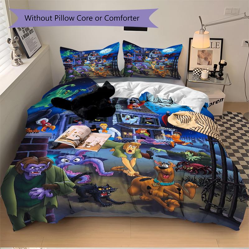 3pcs Cartoon Scooby Doo Design Bedding Set, Including 1 Quilt Cover and 2 Pillow Shams, Without Filling, Soft and Comfortable Home Bedroom F