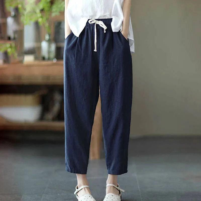 Literary Solid Color Casual Pants for Women Elastic Waist Slimming Casual Cropped Pants for Women Versatile Feet Drawstring Harem Pants for Women