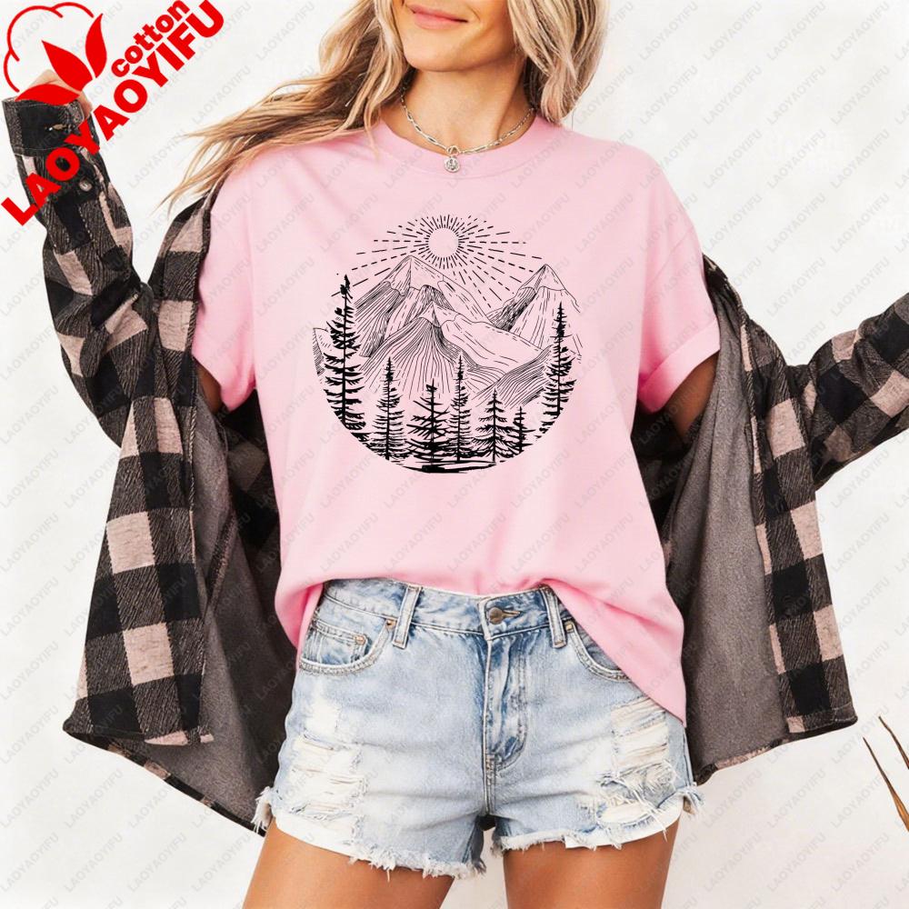 T-shirt da Donna Foresta Montagna Sole Cotone Manica Corta Top Casual Moda Top Estivo Outdoor T-shirt con Fantasia Classica