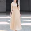 ZANZEA Women Casual Round Neck Solid Color 3/4 Sleeve Summer Long Dress