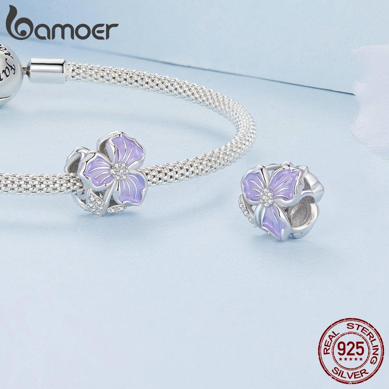 BAMOER 925 Sterling Silver Purple Flower Charm Pendant for Bracelet DIY Jewelry