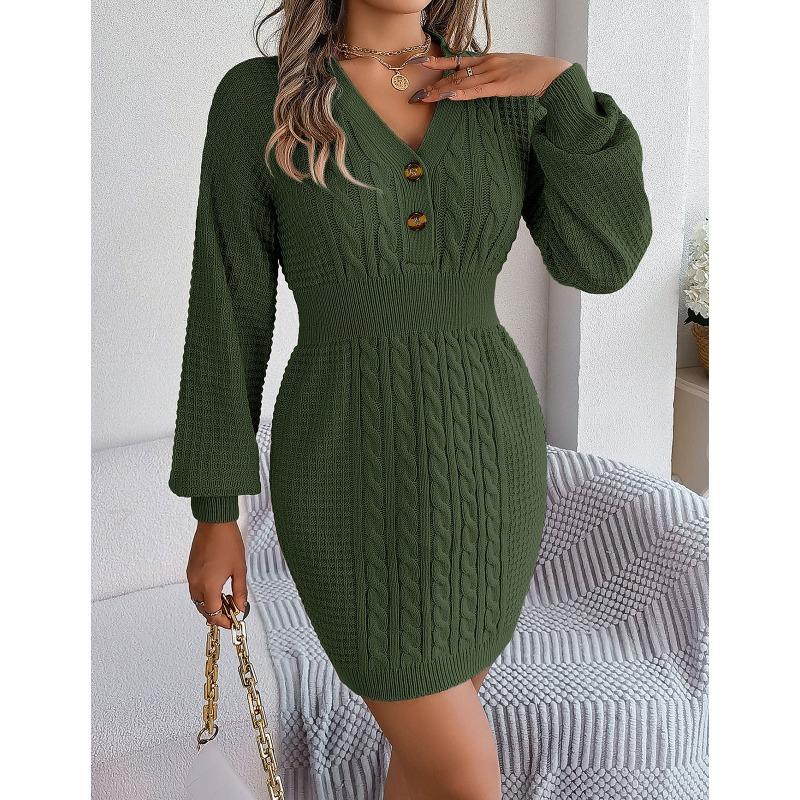 Women's Autumn/winter Twist Lantern Sleeve Hip Knit Button Sweater Dress