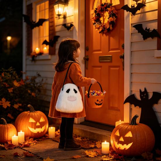 Ghost Plush Crossbody Bag Halloween Bag, Cute Spooky Fluffy Shoulder Pouch Costume Accessory for Party Costume, Mini Casual Daily Use Funny Theme Gift