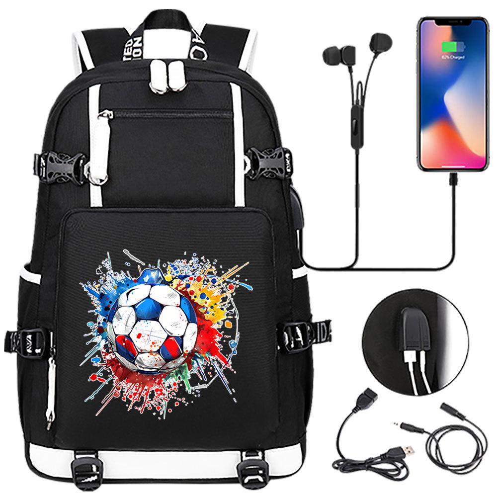 USB Headphone Backpack for Teens Students Boys Girls Leisure Travel Dual Shoulder Bags Soccer Hot Selling Waterproof Large Capacity