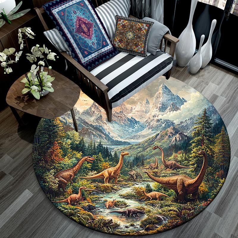 Dinosaur Landscape Round Area Rug,Carpet Rug for Living Room Bedroom Sofa Playroom Decor,Non-slip Floor Mat