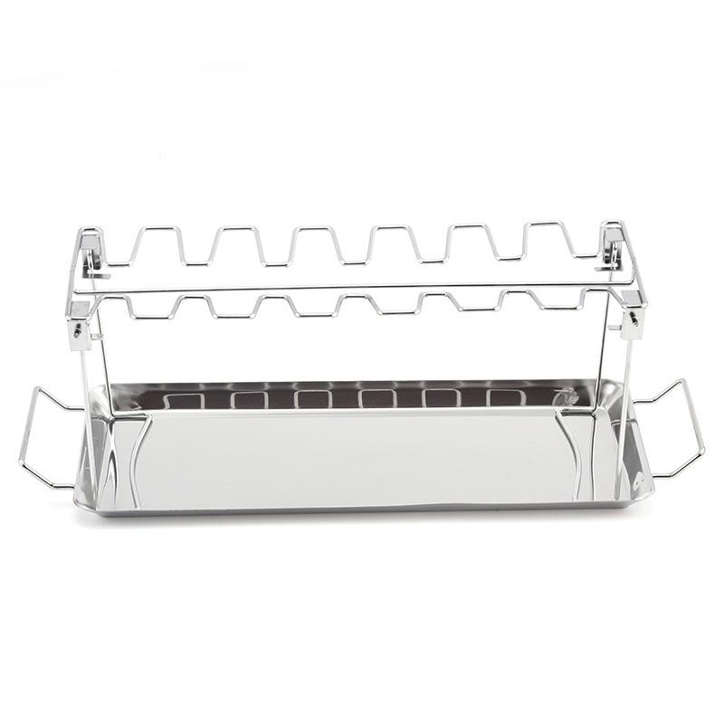 Foldable Stainless Steel BBQ Chicken Leg Rack with 14 Slots and Base Tray